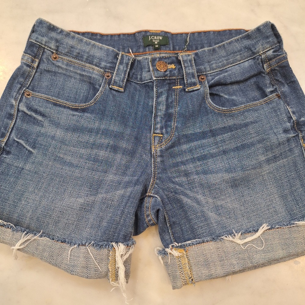 J.Crew Denim Shorts Womens 00 Blue Stretch Raw Hem Cuffed Casual Summer Jean